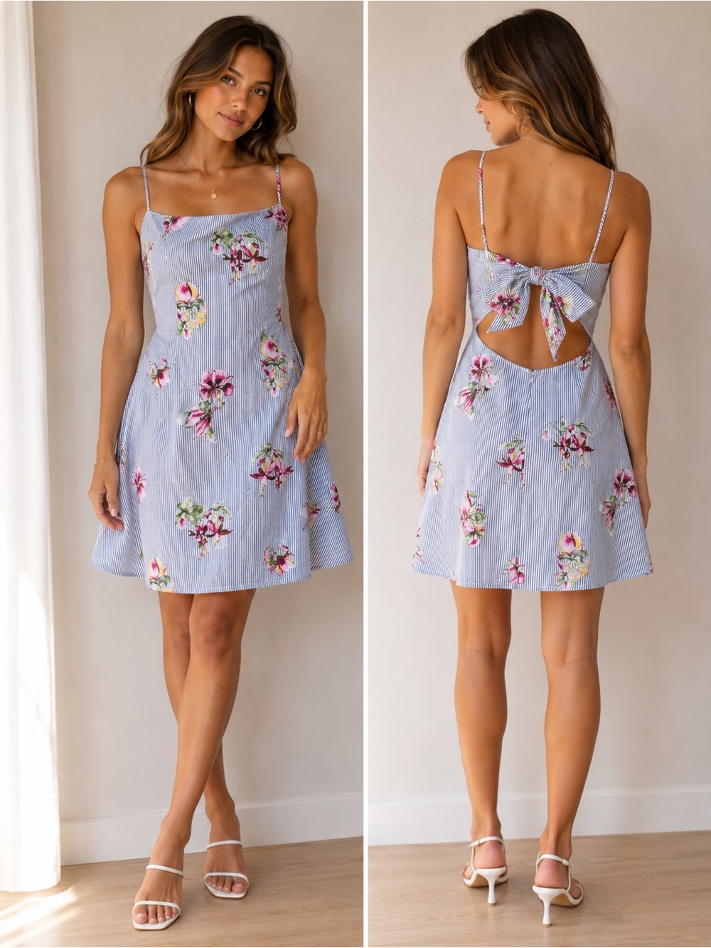 Lumière Blue & White Seersucker Striped Floral Mini Dress - Size Medium